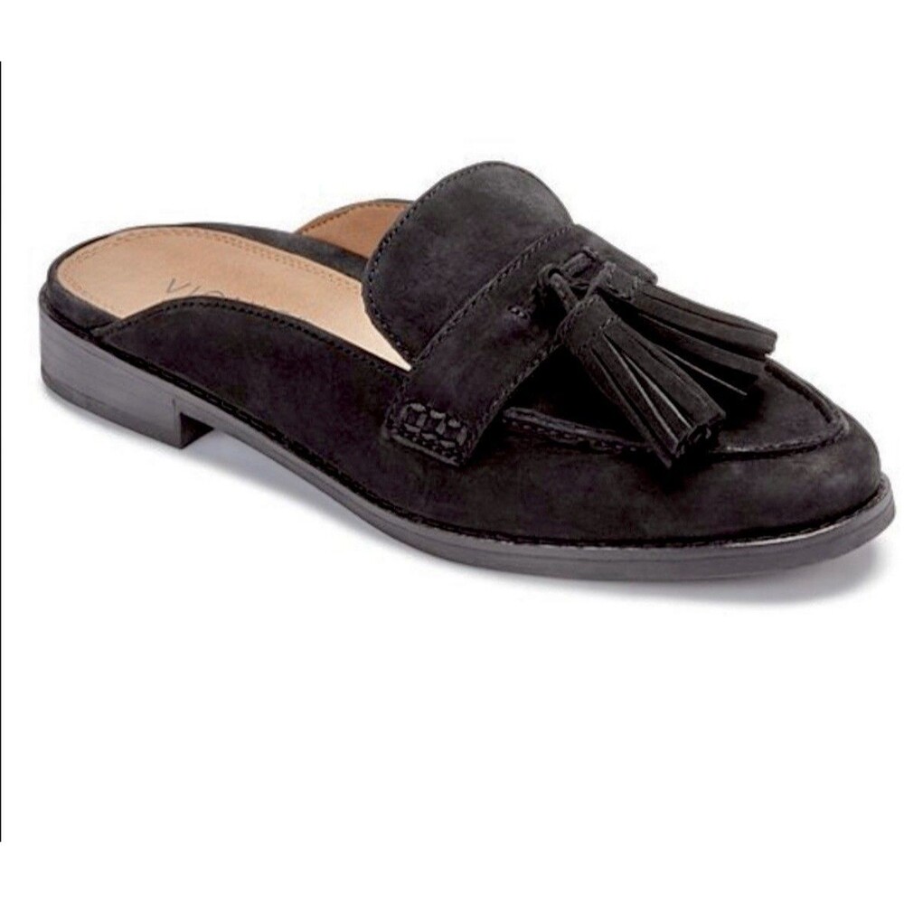 VIONIC Reagan Nubuck Tassel Mules Black Leather Loafers Flat Shoes